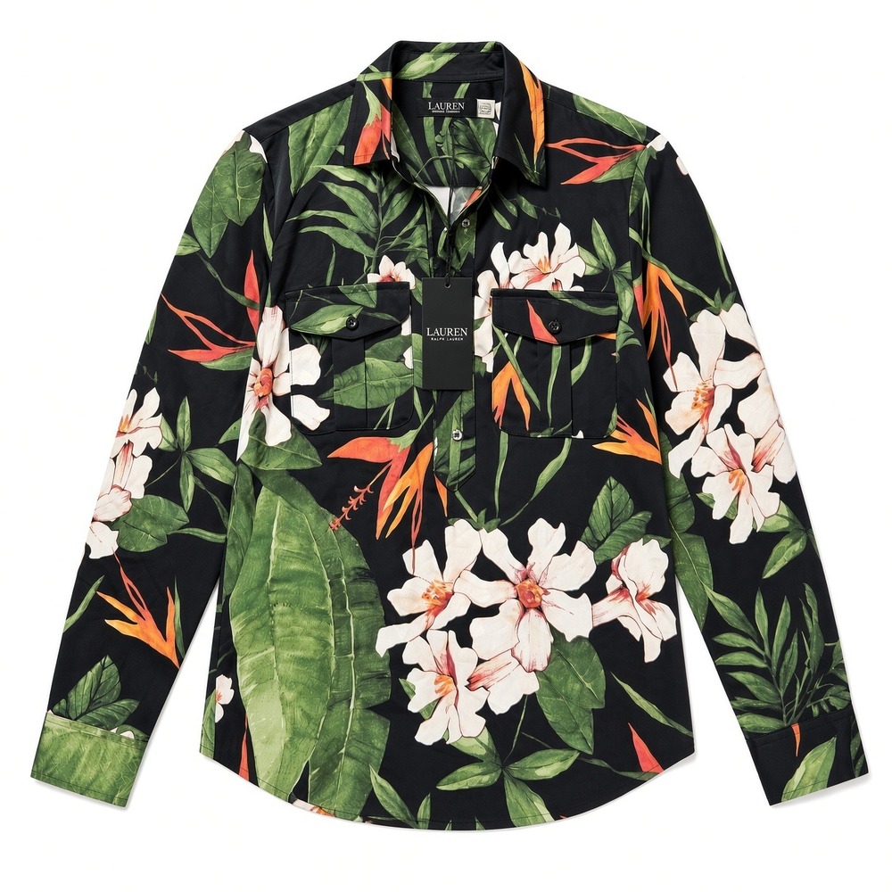 NWT Lauren Ralph Lauren Tropical Floral Blouse Women's S Black Lace-Up Resort